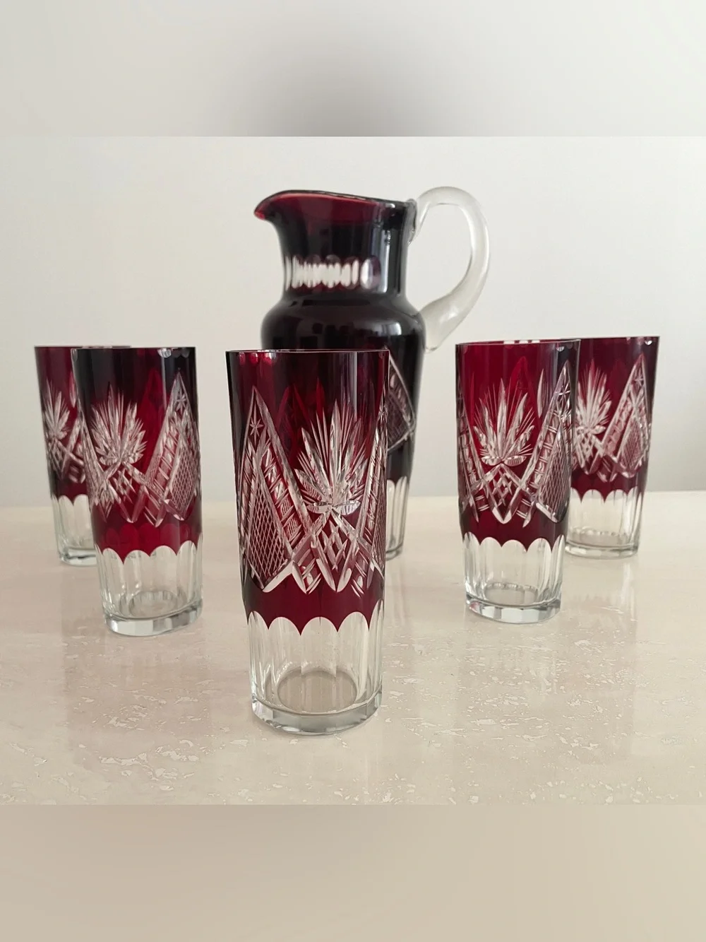 Vintage Bohemian Ruby Red Cut to Clear Pitcher & Glass Glassware Set of 6 Pieces
